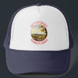 Gettysburg Pennsylvania Retro Distressed Circle Trucker Hat<br><div class="desc">Gettysburg retro vector travel design in an emblem style. It’s known for Gettysburg National Battlefield,  site of a turning point in the Civil War,  now part of Gettysburg National Military Park.</div>