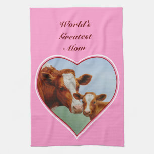 Geurnsey Cow Calf Bright Pink Hearts Tea Towel