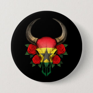 Ghana Flag Bull Skull with Red Roses 7.5 Cm Round Badge