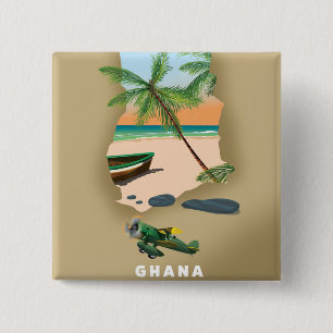 Ghana map illustrated travel poster. 15 cm square badge