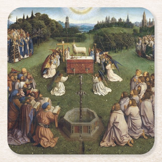 Ghent Altarpiece(detail), Van Eyck Brothers Square Paper Coaster (Front)