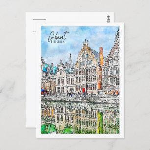Ghent Belgium Travel Place Watercolor Postcard