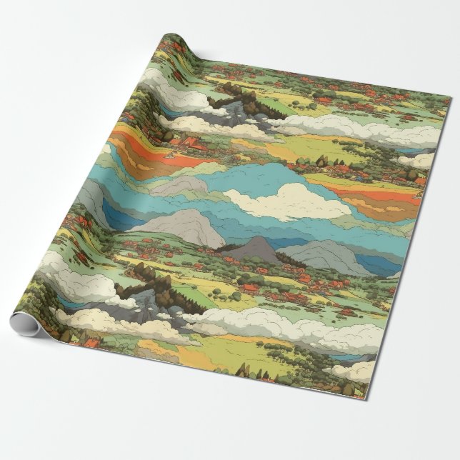 Ghibli World - Clouds and Mountains Wrapping Paper (Unrolled)
