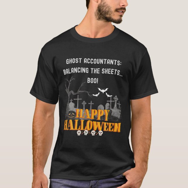 Ghost Accountants Balancing the Sheets Boo T-Shirt (Front)