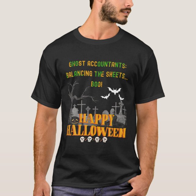 Ghost Accountants Balancing the Sheets Boo T-Shirt (Front)