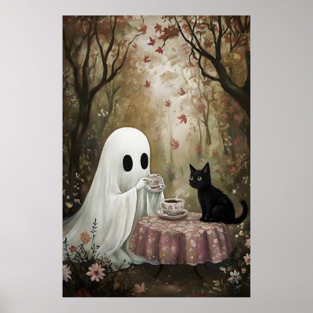 Ghost And Black Cat Are Drinking Tea In Autumn Poster (Front)