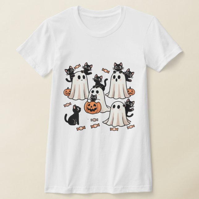 "Ghost and Black Cat Companion - Spooky Cute Hallo T-Shirt (Laydown)