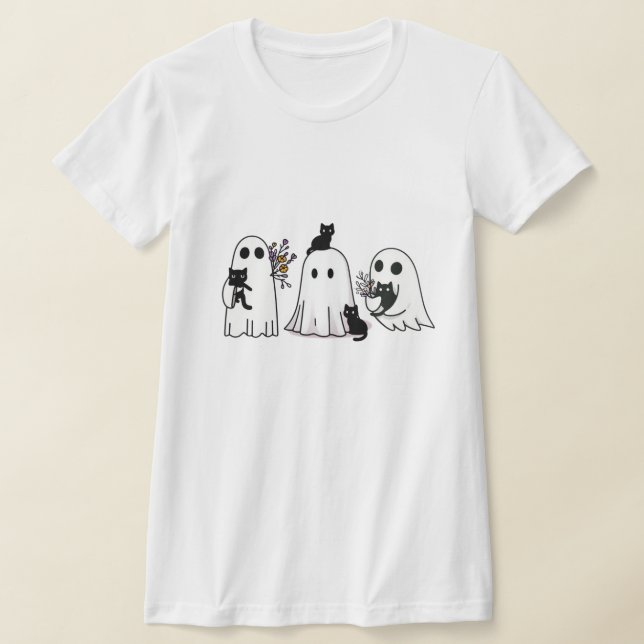 "Ghost and Black Cat Companion - Spooky Cute Hallo T-Shirt (Laydown)