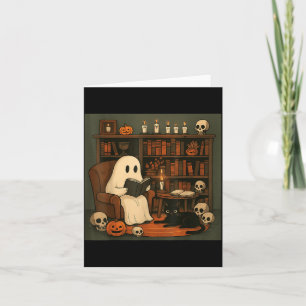 Ghost And Black Cat Cosy Halloween Reading Scene Card