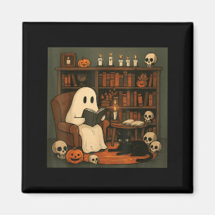 Ghost And Black Cat Cosy Halloween Reading Scene Magnet
