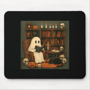 Ghost And Black Cat Cosy Halloween Reading Scene Mouse Pad