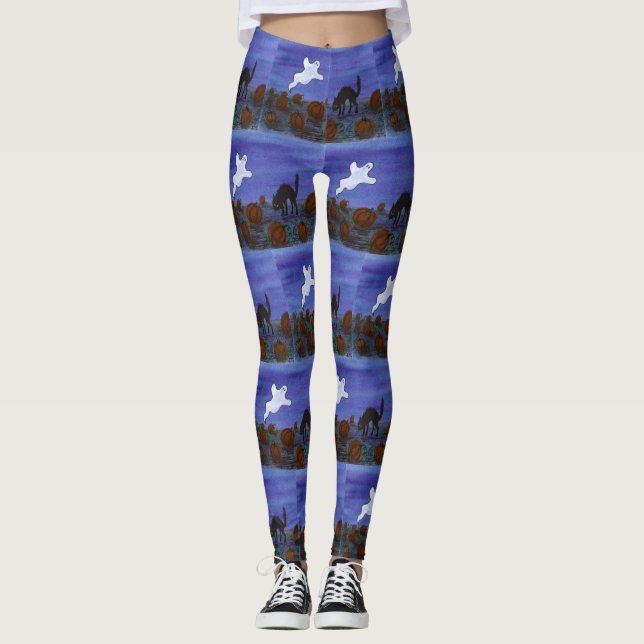 Ghost and Black Cat in the Pumpkin Patch Leggings (Front)