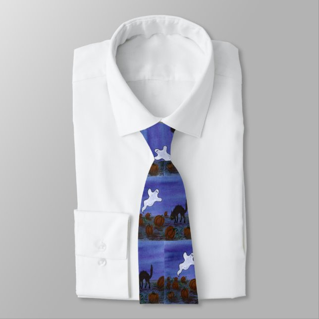 Ghost and Black Cat in the Pumpkin Patch Neck Tie (Tied)