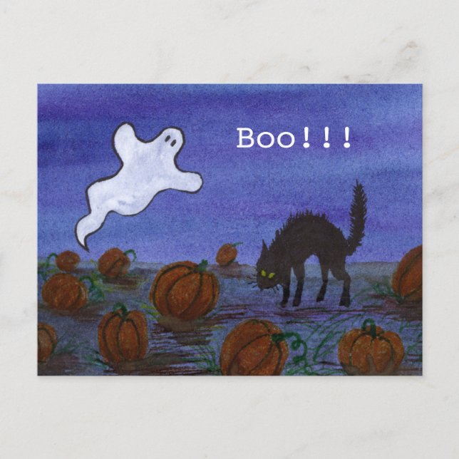 Ghost and Black Cat in the Pumpkin Patch Postcard (Front)