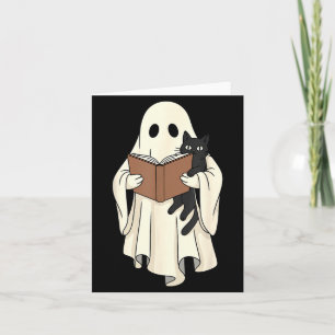 Ghost And Black Cat Reading Halloween Card