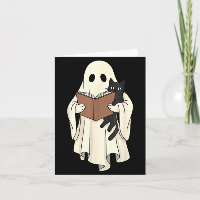 Ghost And Black Cat Reading Halloween Card (Front)