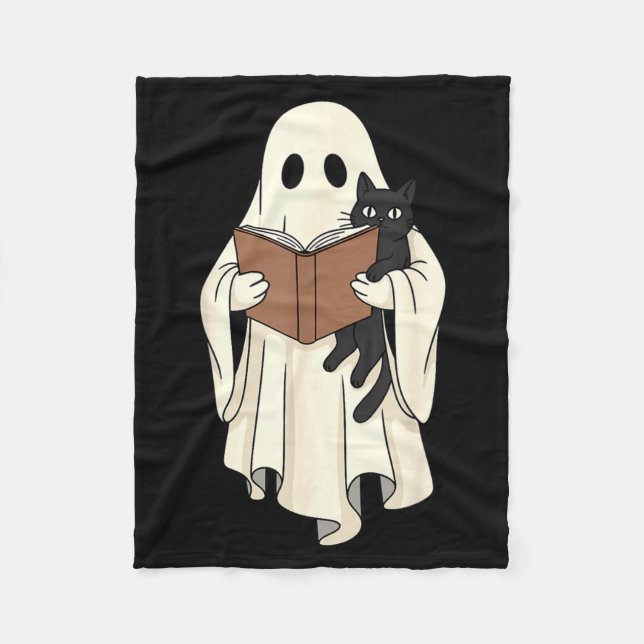 Ghost And Black Cat Reading Halloween Fleece Blanket (Front)
