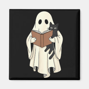 Ghost And Black Cat Reading Halloween Magnet