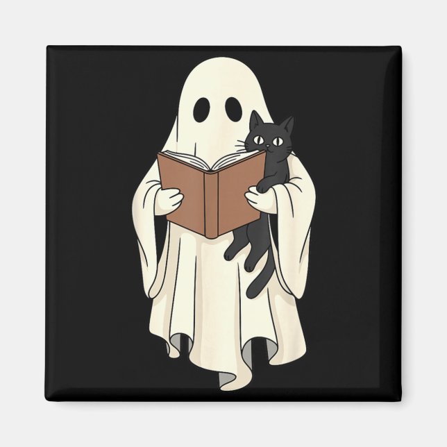 Ghost And Black Cat Reading Halloween Magnet (Front)