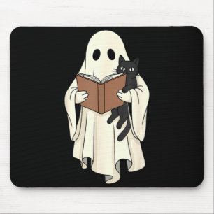 Ghost And Black Cat Reading Halloween Mouse Pad