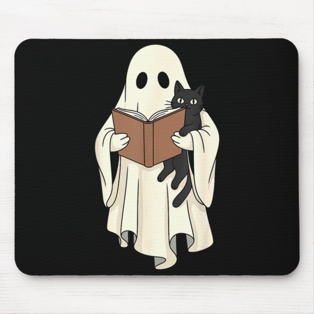 Ghost And Black Cat Reading Halloween Mouse Pad (Front)