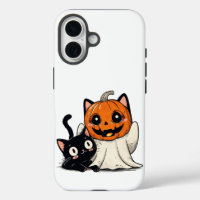 Ghost and black cat wearing Halloween masks