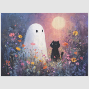 Ghost and Cat in Moonlit Garden Decoupage Tissue Paper