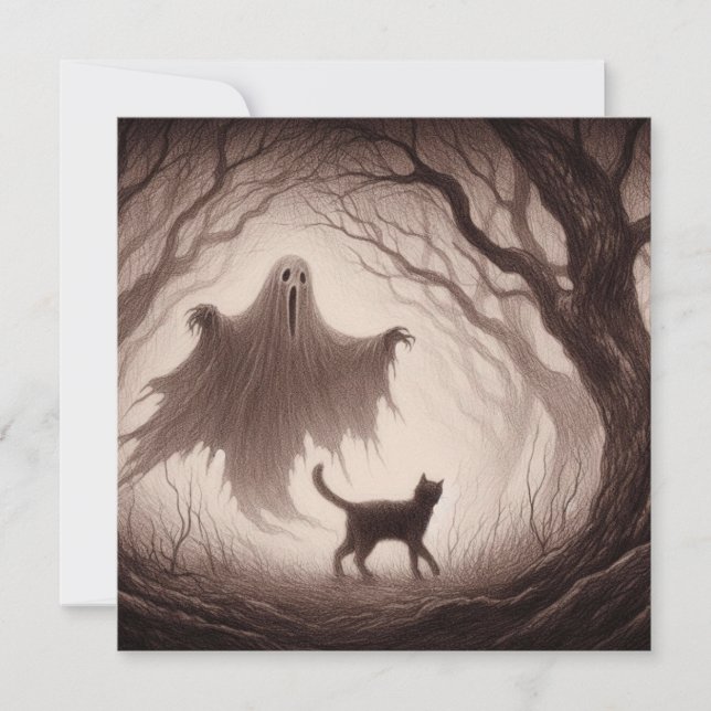 Ghost and Cat in Spooky Horror Forest Drawing Card (Front)