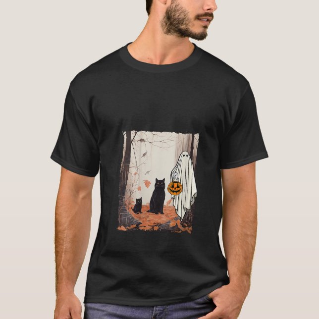 Ghost And Cats In Forest Fall Autumn Halloween Cos T-Shirt (Front)