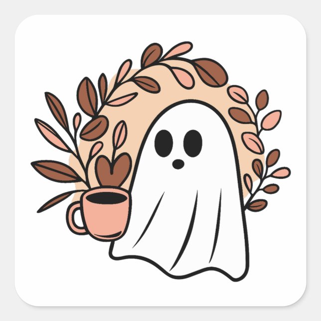 Ghost and coffee square sticker (Front)