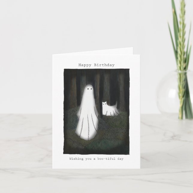 Ghost and Ghost cat Cute funny Happy Birthday Card (Front)
