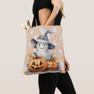 Ghost and Jack-O' Lanterns Light Orange Halloween Tote Bag