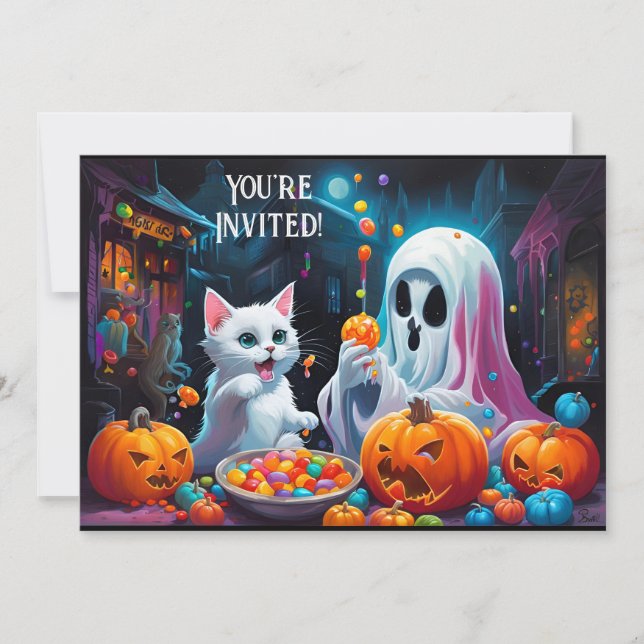 Ghost and Kitten Halloween Party Invitation (Front)