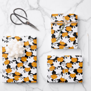 Ghost and Pumpkin Halloween Pattern Wrapping Paper Sheet