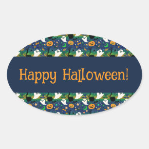 Ghost and Pumpkins, Blue with Green Pattern Oval Sticker
