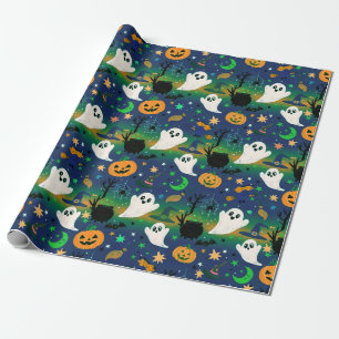 Ghost and Pumpkins, Blue with Green Pattern Wrapping Paper