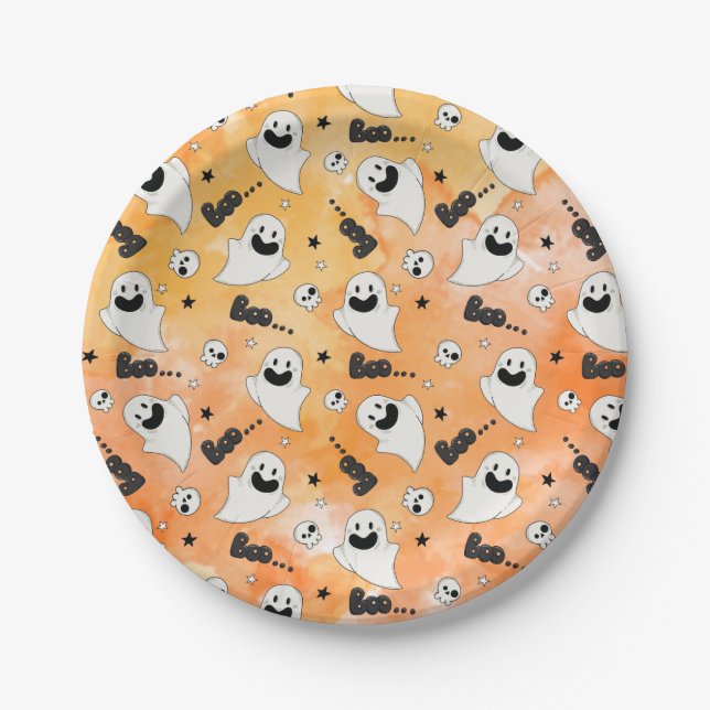 Ghost and Skulls Halloween Little Boo Baby Shower Paper Plate (Front)