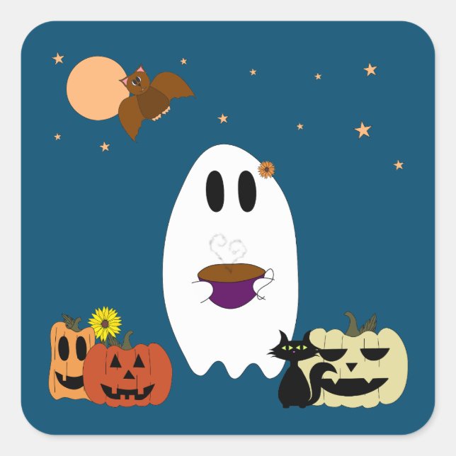 Ghost and Tea Square Sticker (Front)