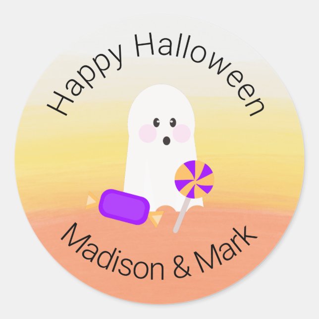 Ghost and Watercolor Candy  Halloween Favour Classic Round Sticker (Front)