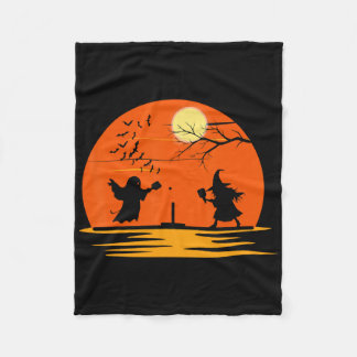 Ghost And Witch Playing Pickleball Halloween Costu Fleece Blanket