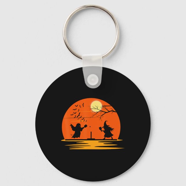 Ghost And Witch Playing Pickleball Halloween Costu Key Ring (Front)