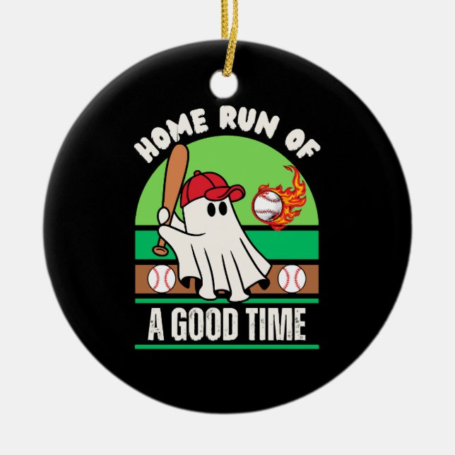 Ghost Baseball Player Halloween Ceramic Ornament (Front)