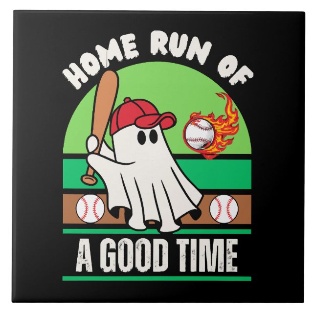 Ghost Baseball Player Halloween Ceramic Tile (Front)