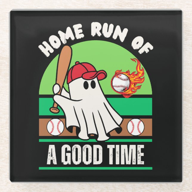 Ghost Baseball Player Halloween Glass Coaster (Front)