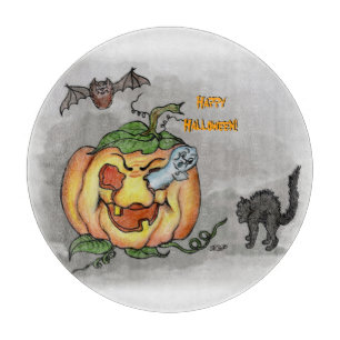 Ghost, Bat and Cat, Happy Halloween! Cutting Board