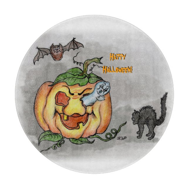 Ghost, Bat and Cat, Happy Halloween! Cutting Board (Front)