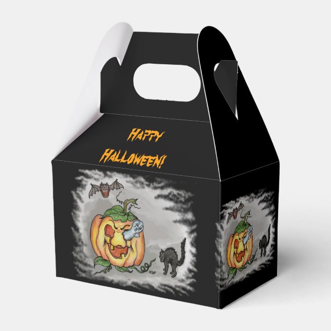 Ghost, Bat and Cat, Happy Halloween! Favour Box (Front Side)