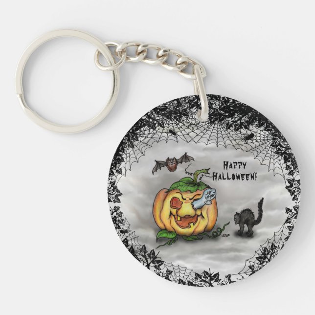 Ghost, Bat and Cat, Happy Halloween! Key Ring (Front)
