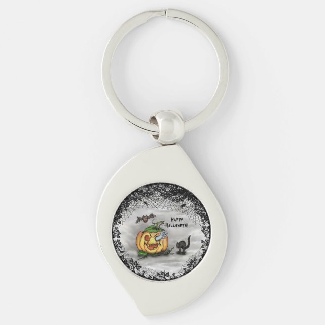 Ghost, Bat and Cat, Happy Halloween! Key Ring (Front)