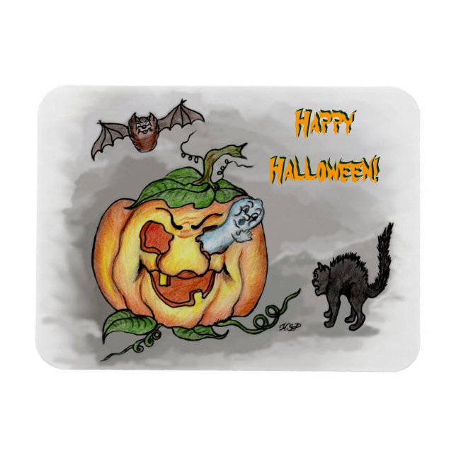 Ghost, Bat and Cat, Happy Halloween! Magnet (Horizontal)